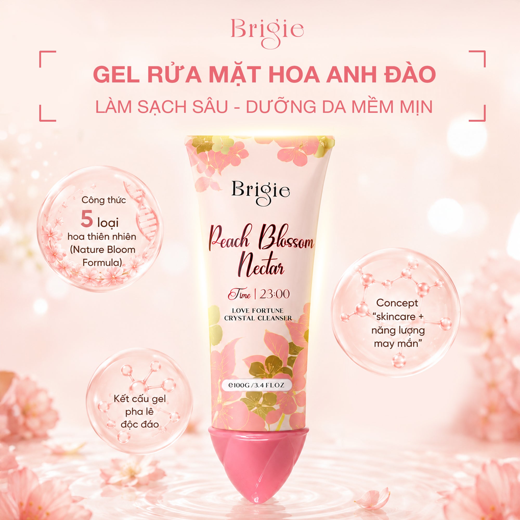 Gel Rửa Mặt Hoa Đào Gel Pha Lê | Chiết Xuất Hoa Đào Làm Sạch Da, Hỗ Trợ Sáng Da